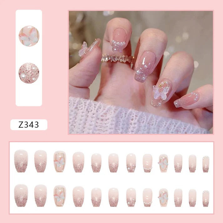 Glitter Pearl Butterfly Press-On Nails Set