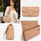 Beige quilted small shoulder bag with chain