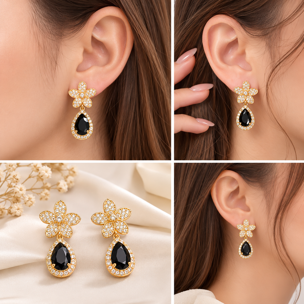 Gold Plated Teardrop Stone Earrings | Black, Red &