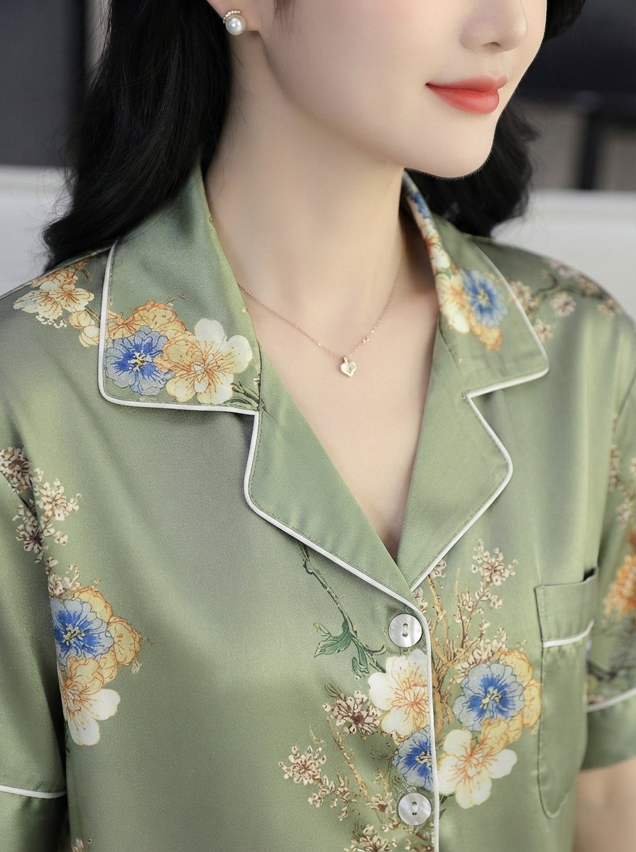 Cute Pink Bow & Floral Summer Silk Nightsuit for Women