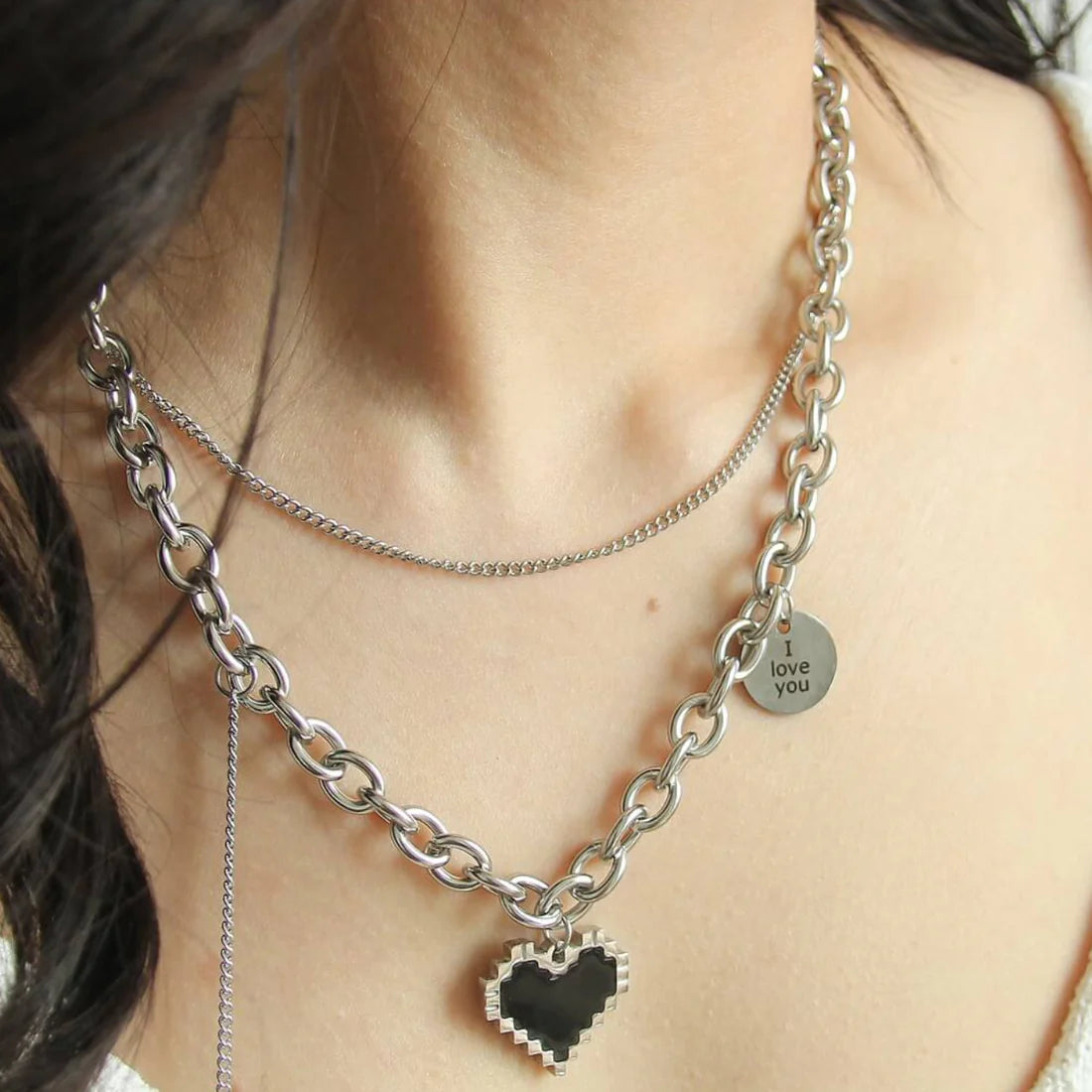 Silver Layered Heart Pendant Necklace for Women