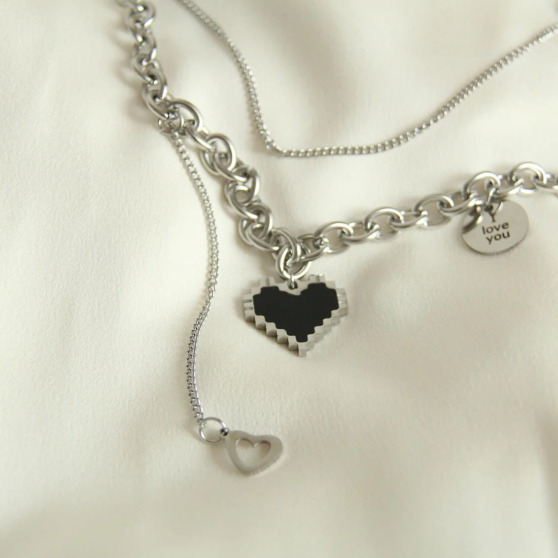 Silver Layered Heart Pendant Necklace for Women