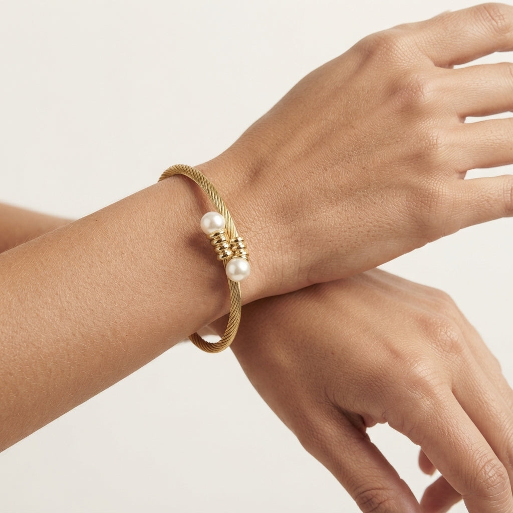 Sawera Studio Pearl Open Cuff Bracelet & Adjustable Ring Set