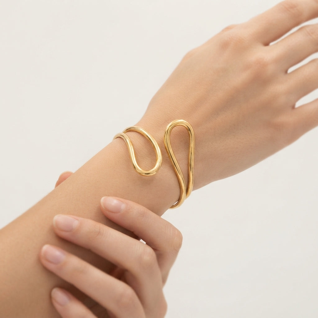 Gold Plated Stainless Steel Open Cuff Bracelet & Adjustable