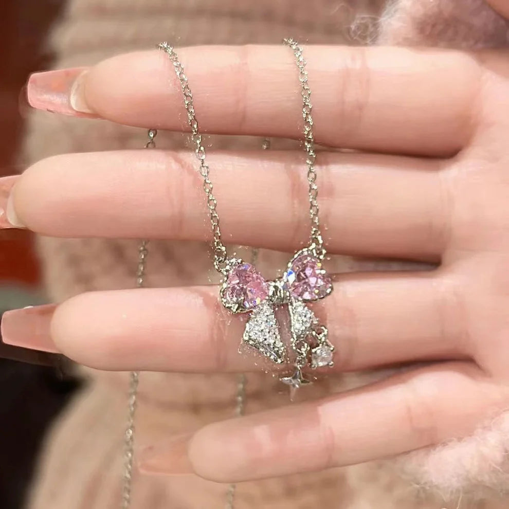 Blinky Pink Bow Silver - Necklace