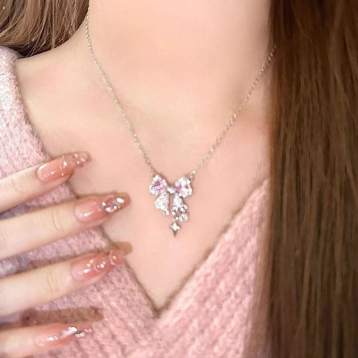 Blinky Pink Bow Silver - Necklace