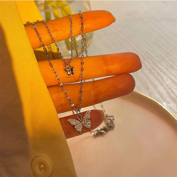 Butterfly Double Layer Silver - Necklace