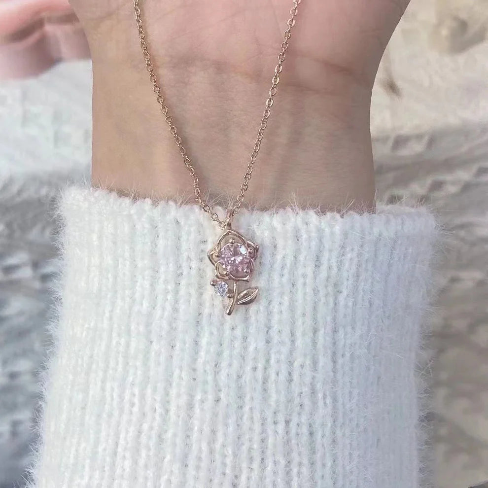 Pink Flower Rose Gold - Necklace