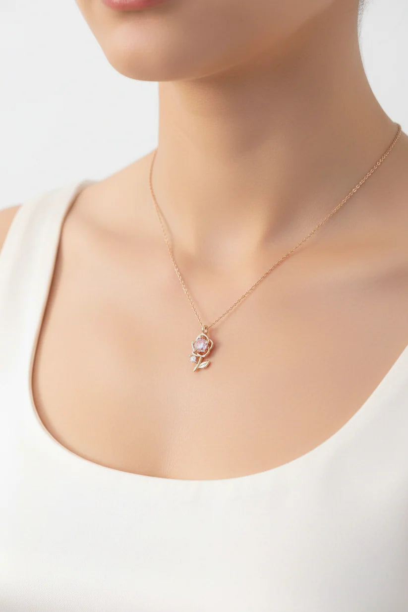 Pink Flower Rose Gold - Necklace
