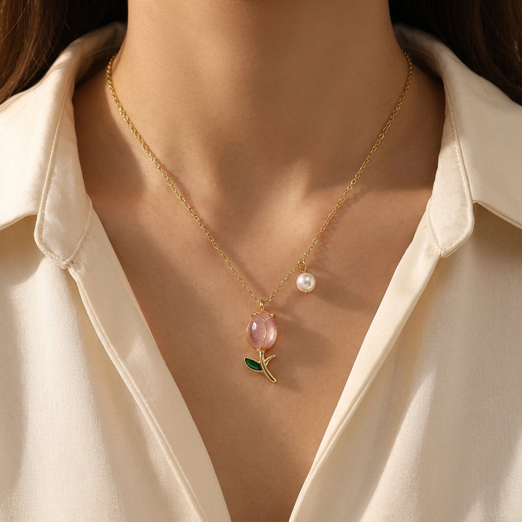 Luxury Pink Tulip Pendant Necklace for Women