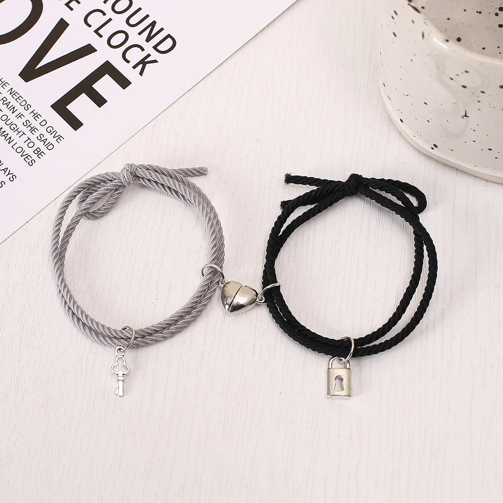 Grey & Black Lock & Key Magnetic Heart - Bracelet Set
