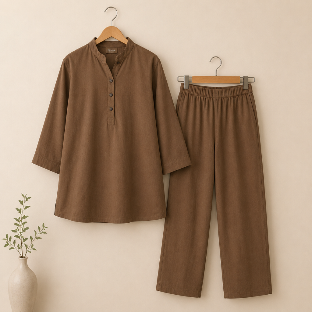 Women's Brown Plain Cotton Co-Ord Set