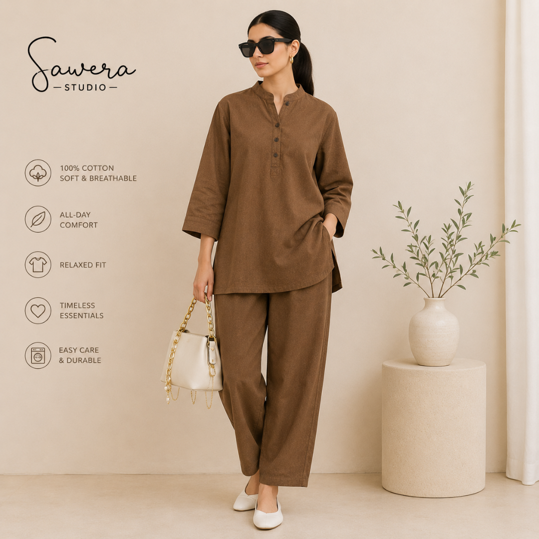 Women's Brown Plain Cotton Co-Ord Set