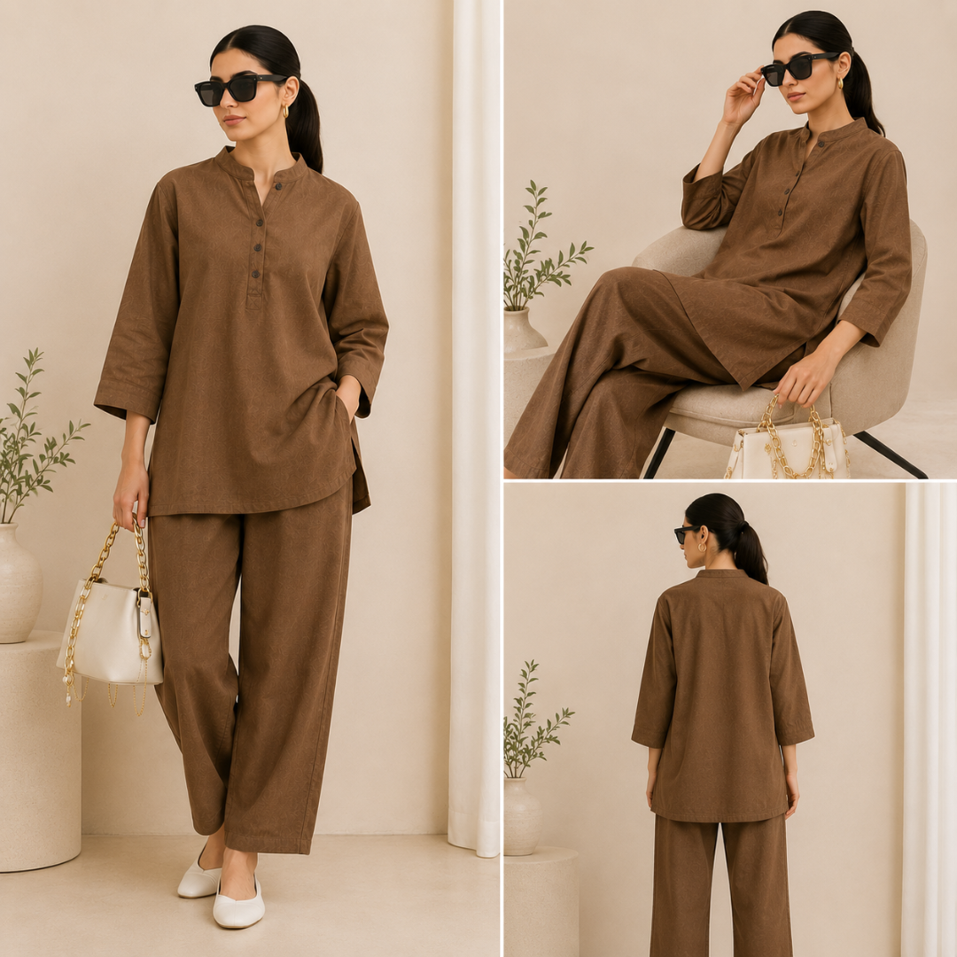Women's Brown Plain Cotton Co-Ord Set
