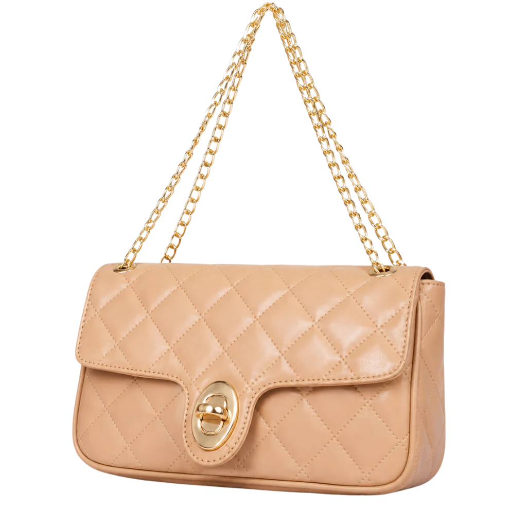 Beige quilted small shoulder bag with chain