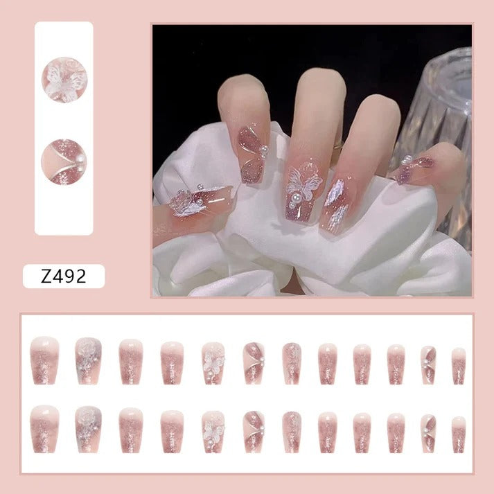Z492 Elegant Pink Butterfly Press-On Nails