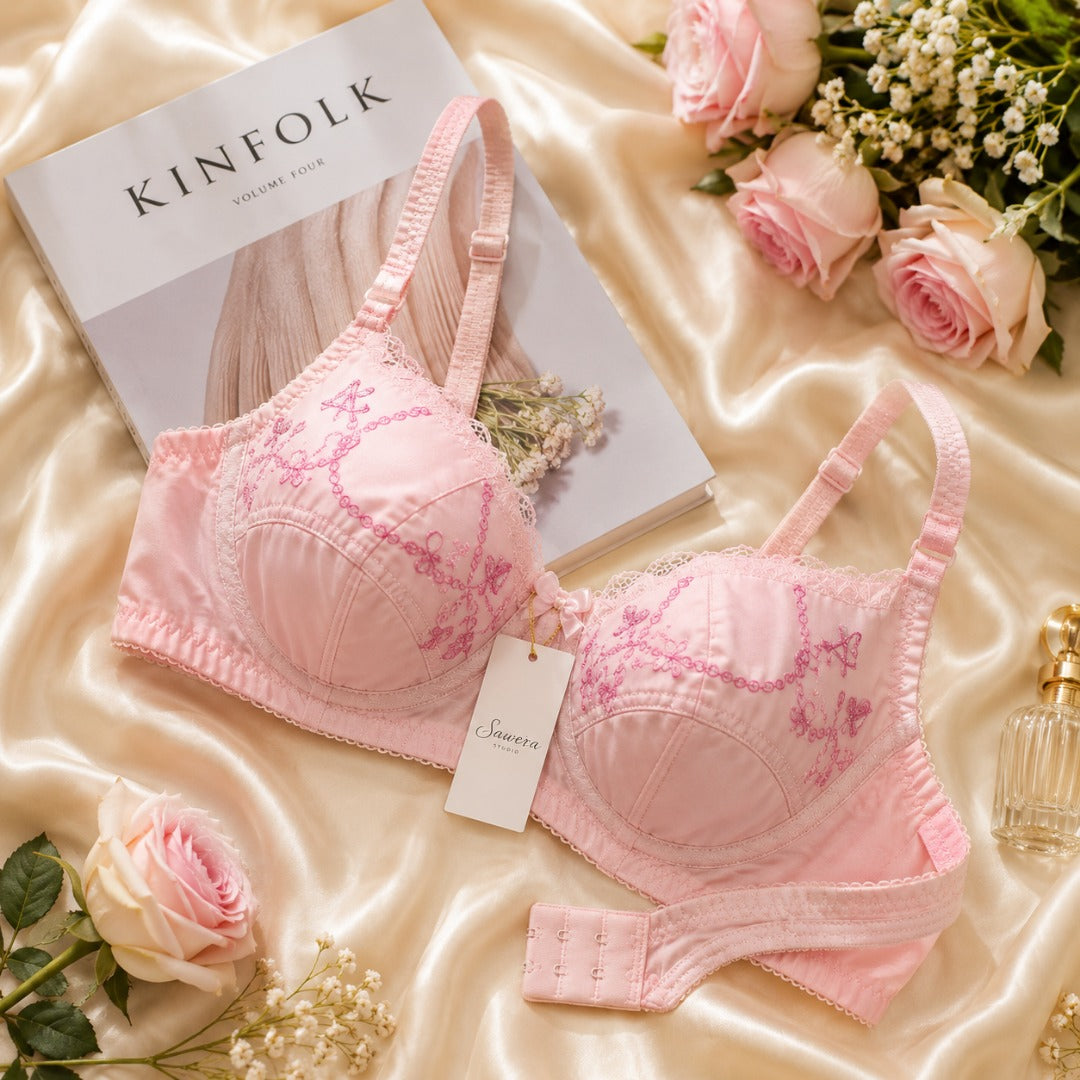 Soft Cotton Embroidered Bra – Pink