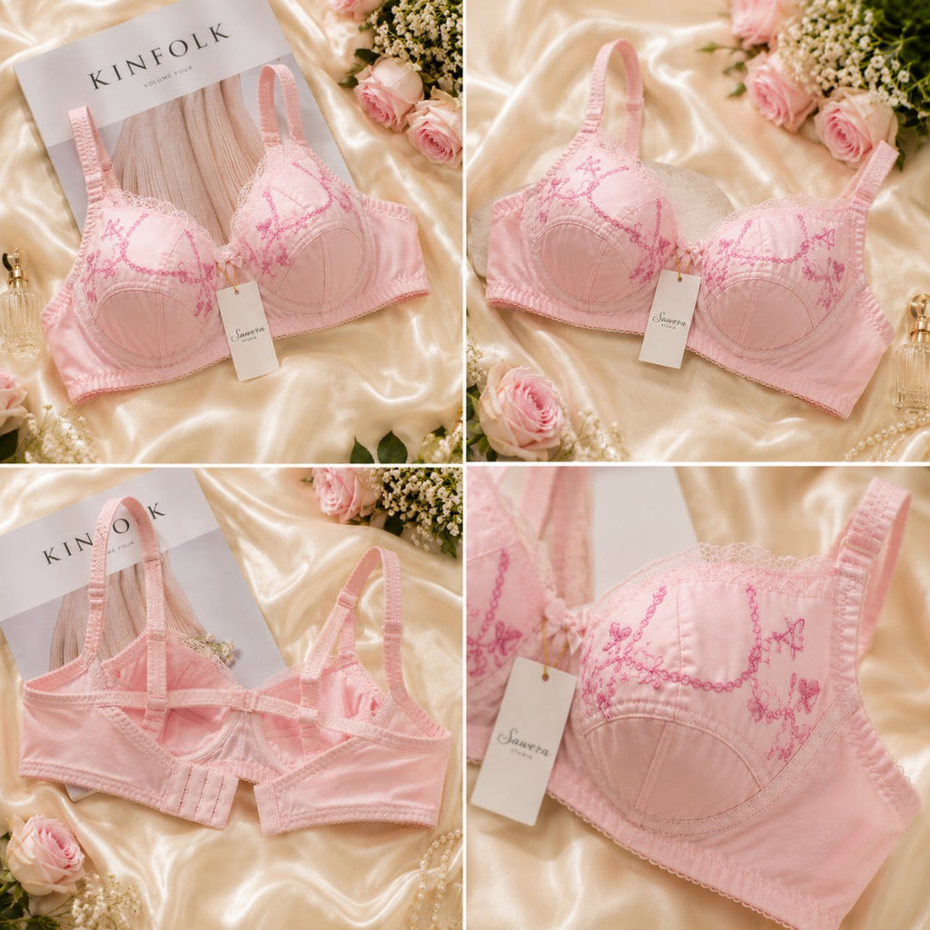 Soft Cotton Embroidered Bra – Pink