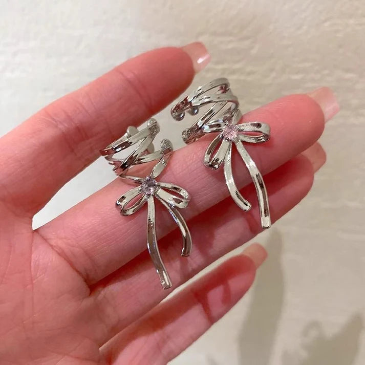 Pink Diamond Silver Bow - Ear Cuff Pair