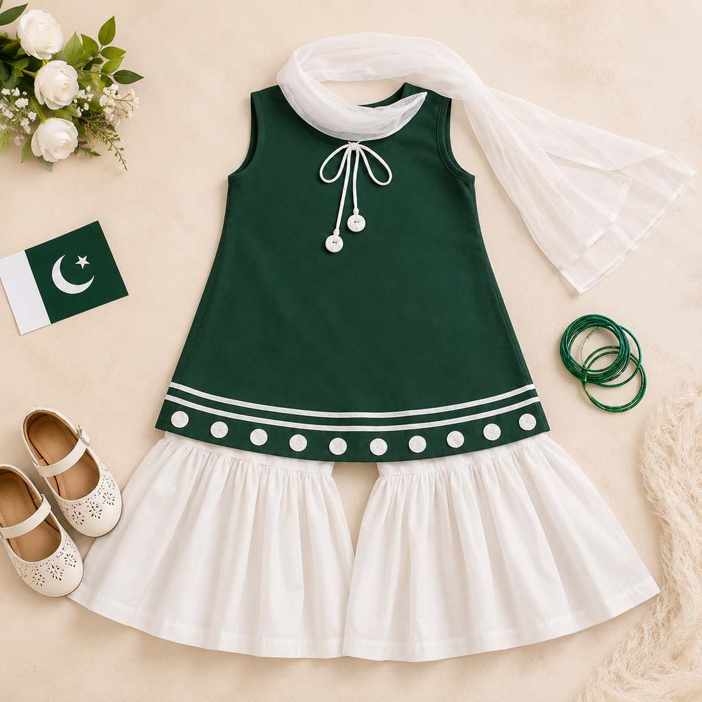 Azadi Collection | Girls Green Sleeveless 3 Piece Suit