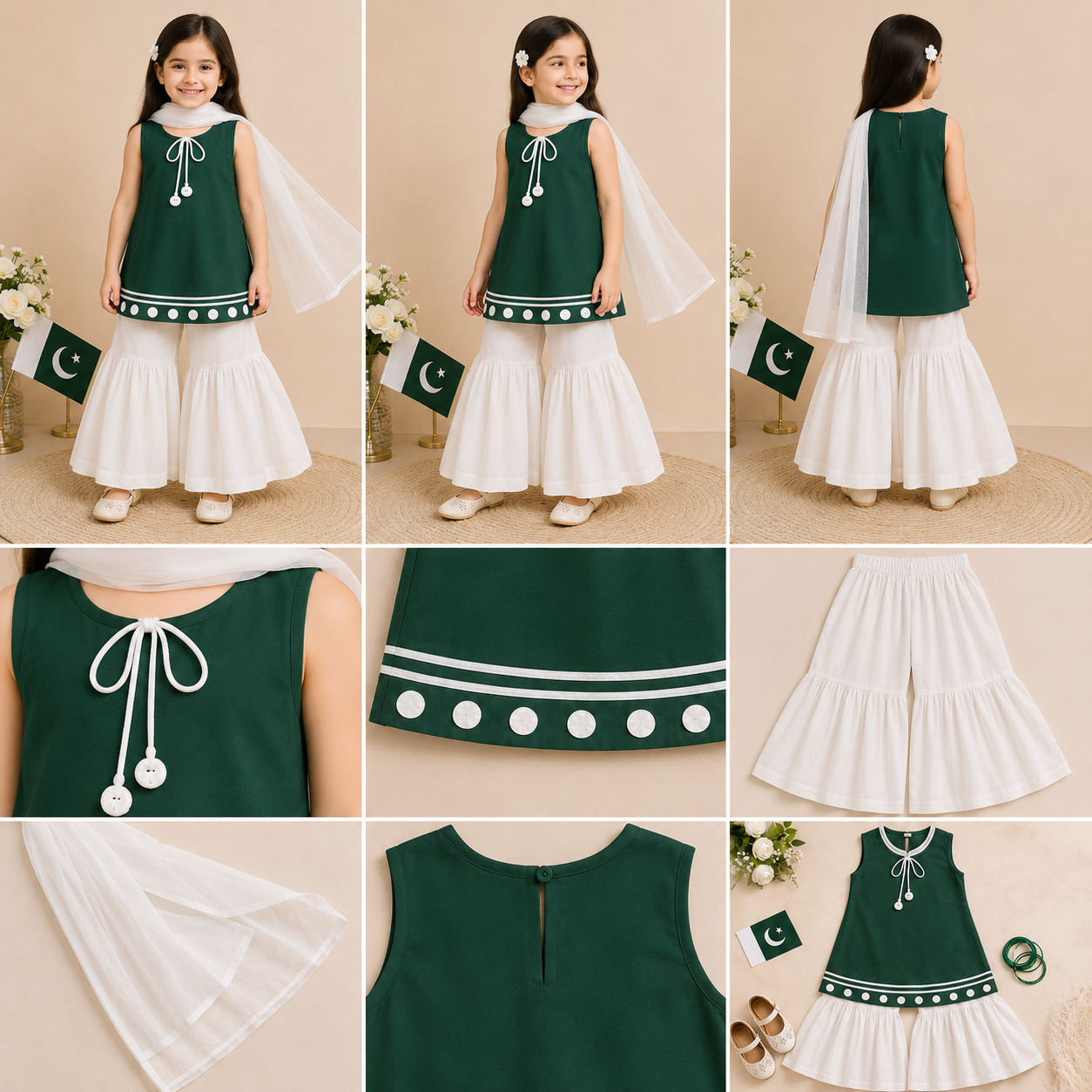 Azadi Collection | Girls Green Sleeveless 3 Piece Suit