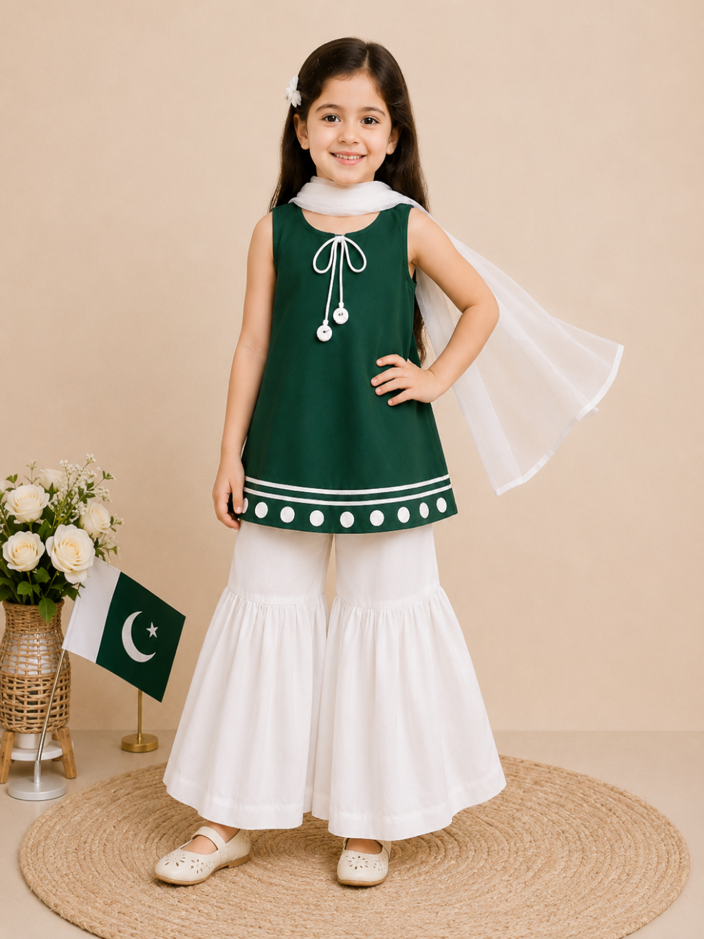Azadi Collection | Girls Green Sleeveless 3 Piece Suit