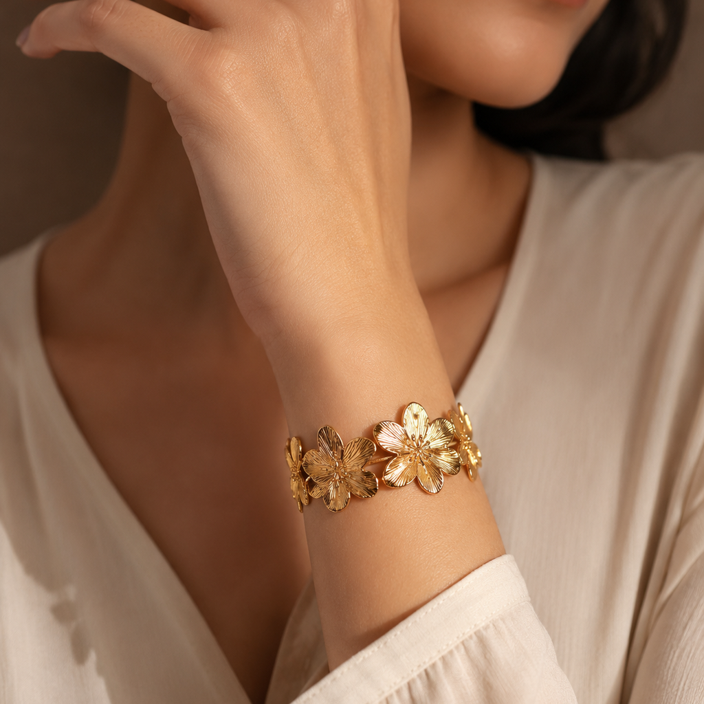 Luxury Bloom Gold Cuff Bracelet for Women – Premium Floral Statement Jewelry