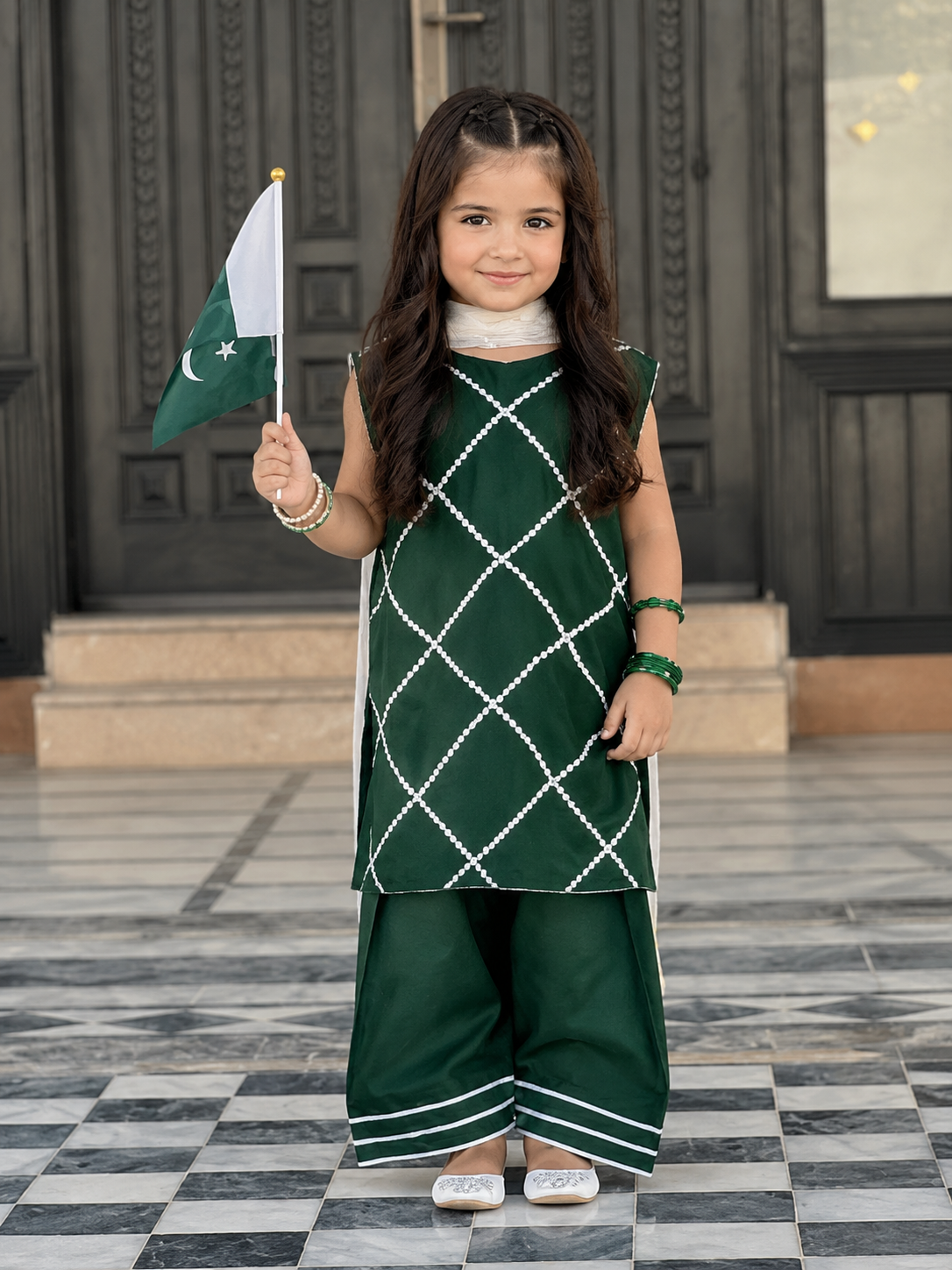Azadi Collection Kids Green Embroidered 3 Piece Suit