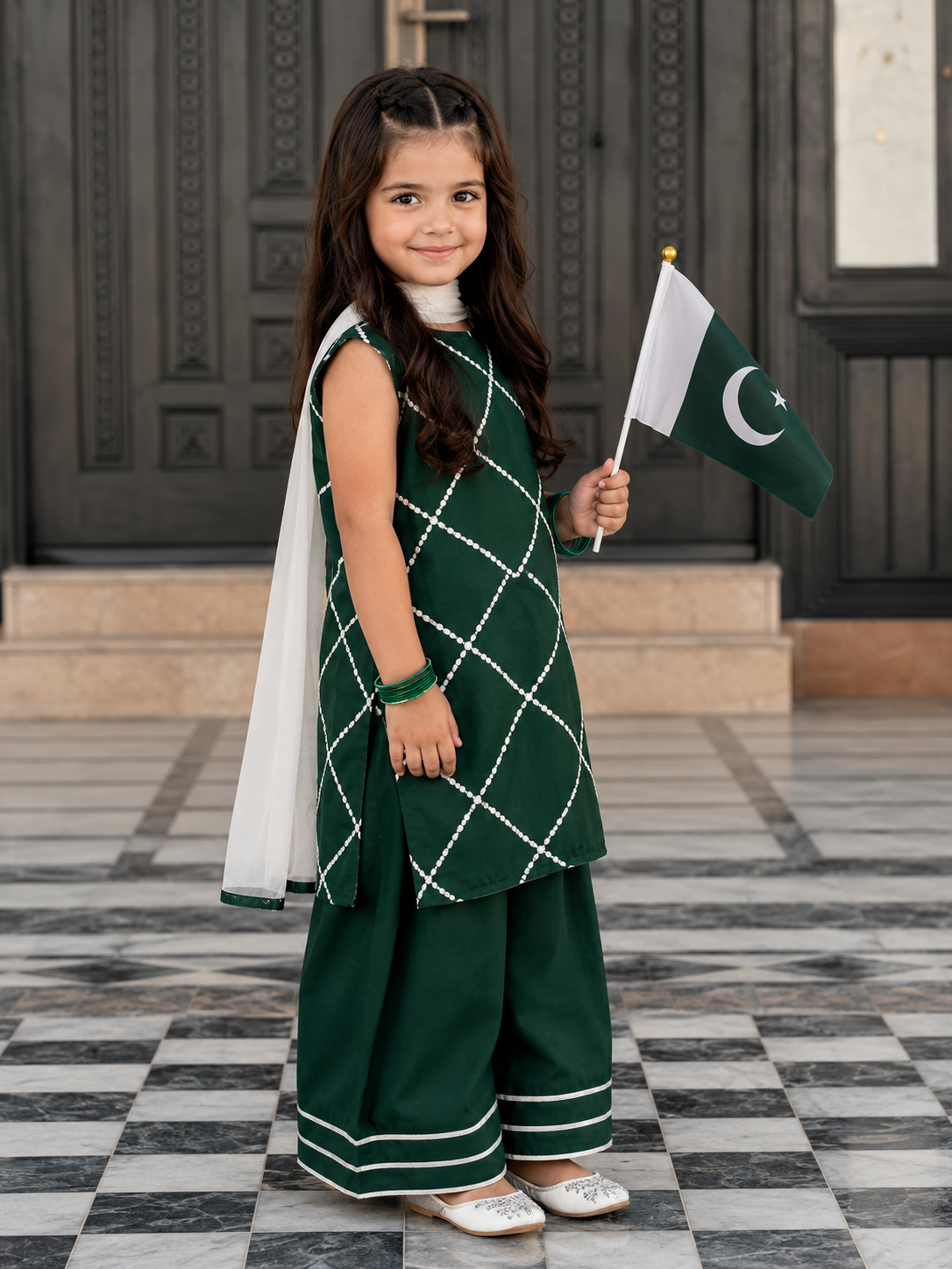 Azadi Collection Kids Green Embroidered 3 Piece Suit