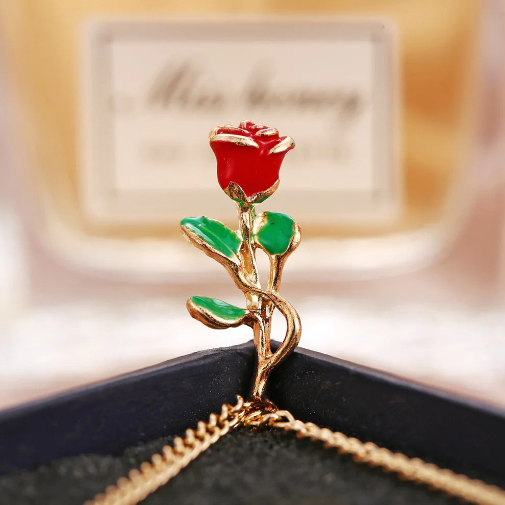 Red Rose Flower Gold - Necklace