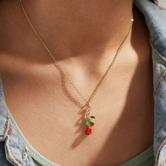 Red Rose Flower Gold - Necklace