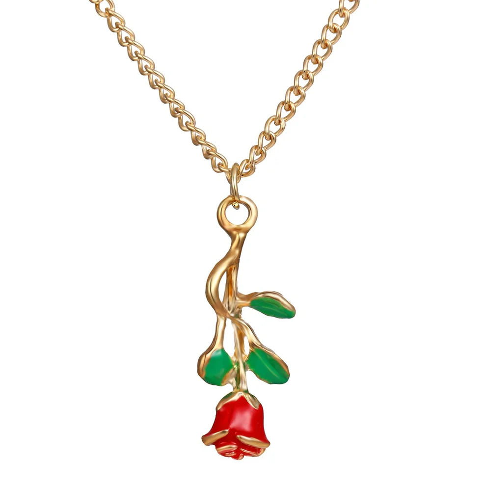 Red Rose Flower Gold - Necklace