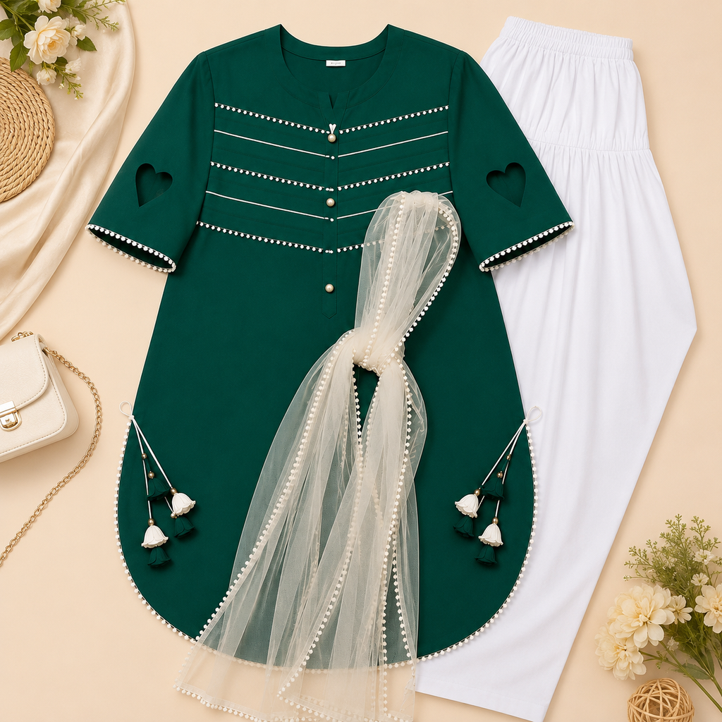 Girls Green 3 Piece Heart Sleeve Dress Set