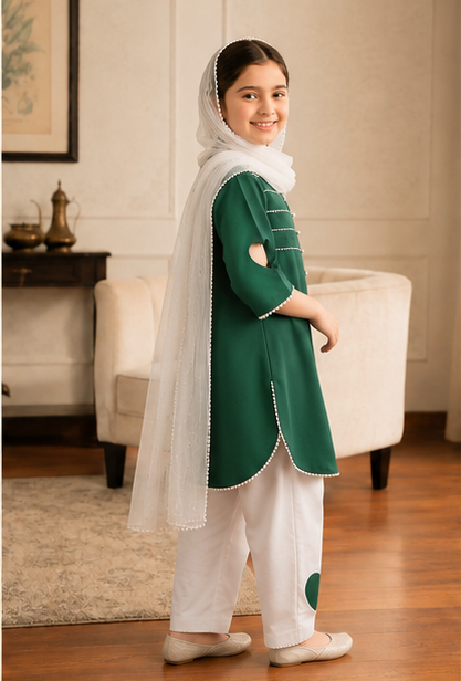 Girls Green 3 Piece Heart Sleeve Dress Set