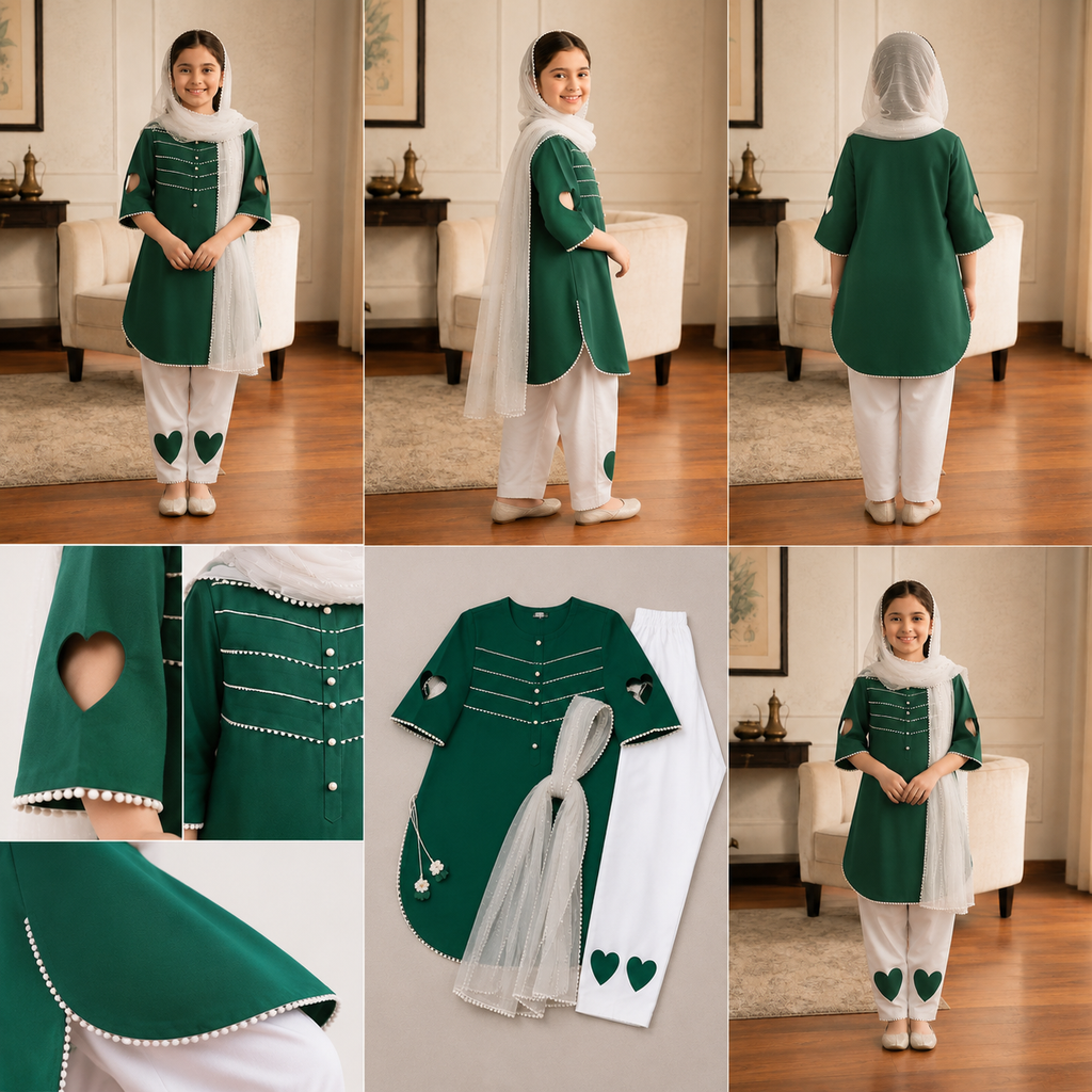 Girls Green 3 Piece Heart Sleeve Dress Set