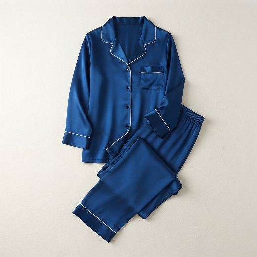 Navy Blue Plain Silk Night Suit