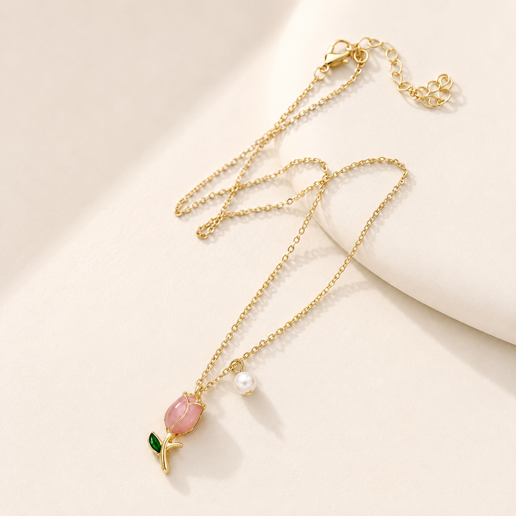 Luxury Pink Tulip Pendant Necklace for Women