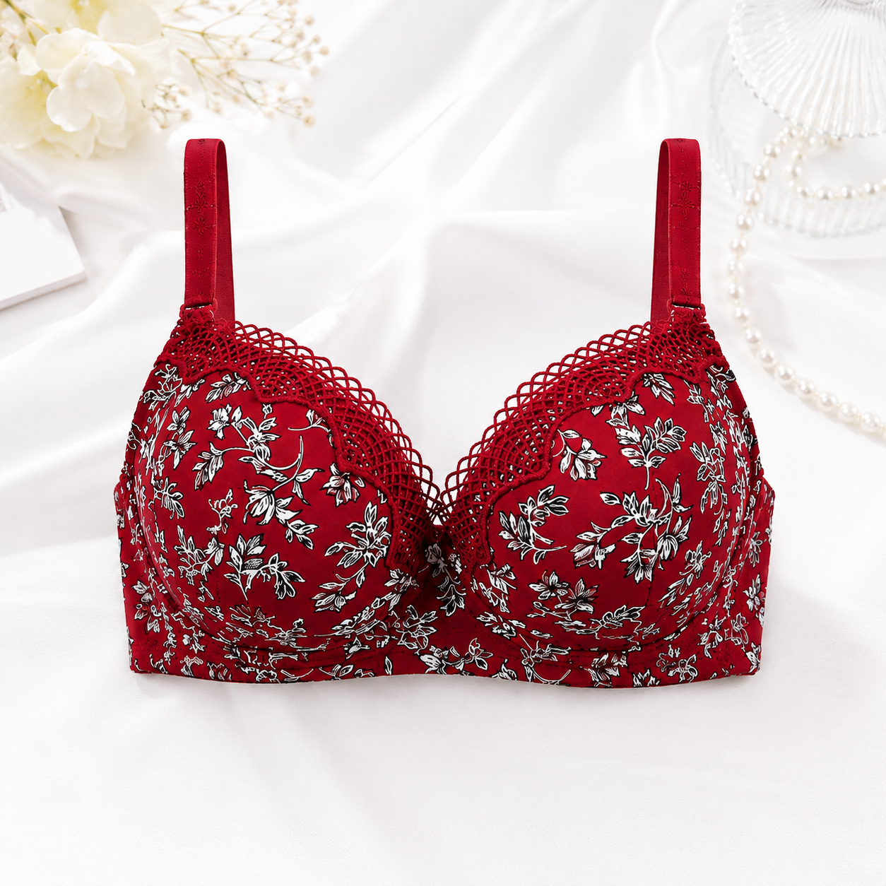 Floral Printed Lace Padded Bra for Women
