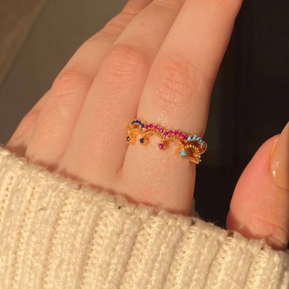 Colorful Wave Design Gold Plated Crystal Ring