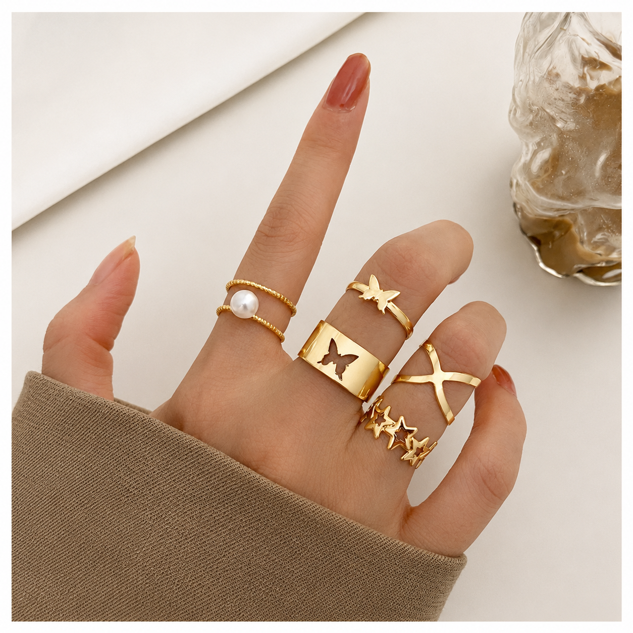 Butterfly & Pearl Gold - Ring Set Of 5