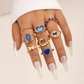 Blue Heart & Gold Enameled - Ring Set Of 8