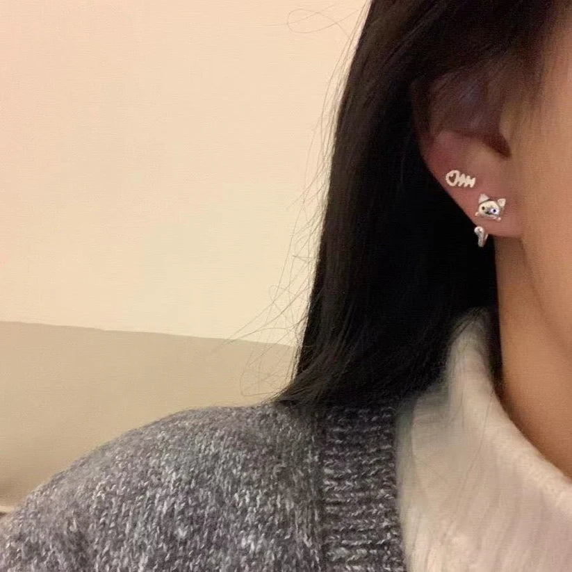 Silver Cat & Fish - Ear Studs Set Of 3